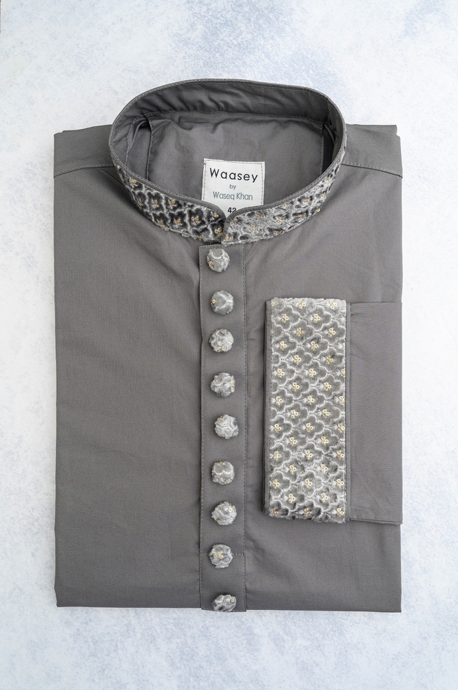 Charcoal Gray Panjabi with Silver Embellishments